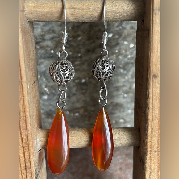 Silver & Carnelian bohemian dangling earrings, vintage - Picture 7 of 8